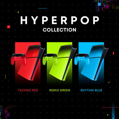 Una imagen promocional negra de la HYPERPOP COLLECTION que muestra tres cubiertas de consola PS5 con mandos inalámbricos DualSense a juego. Los colores presentados son TECHNO RED, REMIX GREEN y RHYTHM BLUE, sobre un fondo oscuro con detalles gráficos digitales.