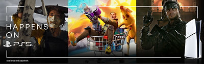 Bannière PlayStation 5 avec le slogan « It Happens on PS5 ». Trois jeux sont mis en avant : une samouraï masquée, deux personnages de Fortnite roulant dans un chariot de supermarché avec une explosion en arrière-plan, et un soldat en uniforme de combat. Une PS5 blanche se trouve à droite.