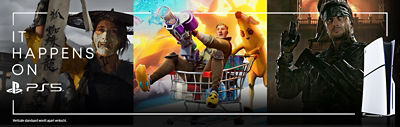 PlayStation 5-promobanner met de tekst “It Happens on PS5”. Afgebeeld zijn drie gamescènes: een gemaskerde samoerai, twee Fortnite-personages in een winkelwagentje voor een explosie en een soldaat in gevechtsuitrusting. Rechts staat een witte PS5-console.