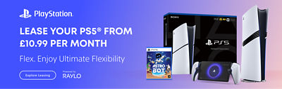 PlayStation promotional banner showing PS5 console, DualSense controller, and Astro Bot game case with text “Lease your PS5® from £10.99 per month. Flex. Enjoy Ultimate Flexibility. Explore Leasing – Powered by Raylo.