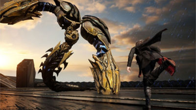 Lost Soul Aside - Capture d'écran montrant Kaser qui se lance en direction d'un ennemi imposant.