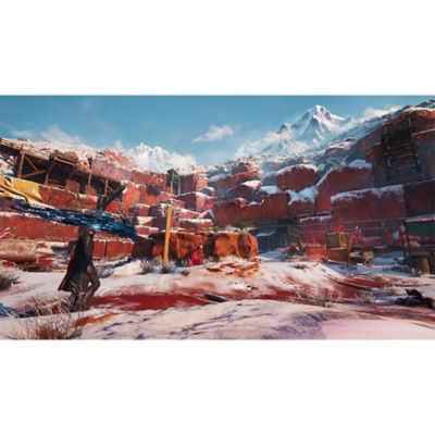 Lost Soul Aside - Capture d'écran montrant Kaser sur un terrain plat et aride, entouré de ruines ancestrales et de rochers bordés d'arbres.