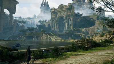 Lost Soul Aside - Capture d'écran montrant Kaser qui surveille les ruines d'un temple, au milieu d'un lac.