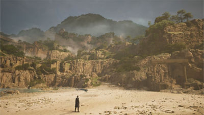 Lost Soul Aside - Capture d'écran montrant Kaser sur un terrain plat et aride, entouré de ruines ancestrales et de rochers bordés d'arbres.