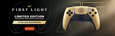 DualSense draadloze controller 007 First Light Limited Edition in goud en zwart met 007-logo, beschikbaar vanaf 27 mei 2026, met pre-order optie.