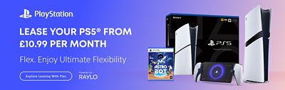 Lease your PS5® from £10.99 per month. Flex. Enjoy ultimate flexibility. Search consoles with Raylo. Powered by Raylo. Image shows PS5® console, DualSense™ controller, and boxed copy of AstroBot PS5 game.