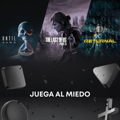 Tres juegos de PS5 – Until Dawn, The Last of Us Parte II y Returnal – aparecen sobre un fondo oscuro con símbolos de PlayStation flotantes. El texto en blanco dice “JUEGA AL MIEDO”.