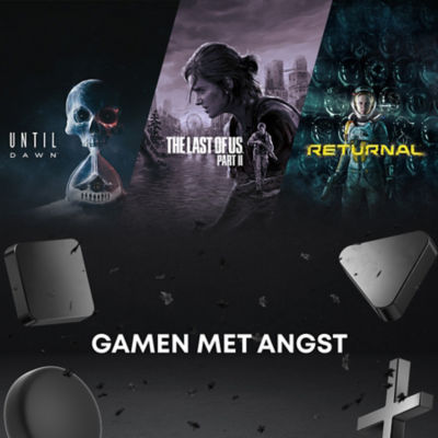 Drie PS5-games – Until Dawn, The Last of Us Part II en Returnal – worden weergegeven tegen een donkere achtergrond met zwevende PlayStation-symbolen. De witte tekst onderaan luidt “GAMEN MET ANGST”.