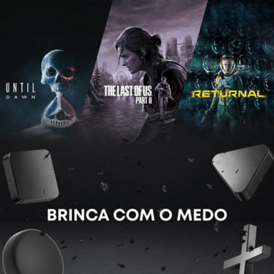 Três jogos para PS5 – Until Dawn, The Last of Us Part II e Returnal – são mostrados sobre um fundo escuro com símbolos do PlayStation flutuando. O texto em branco diz “BRINCA COM O MEDO”.