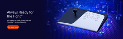 A blue and purple promotional banner shows the FlexStrike™ wireless fight stick with joystick and buttons resting on a glowing digital grid with floating PlayStation symbols. On the left the text reads “Always Ready for the Fight™” and “Join the fray at home or away with the FlexStrike™ wireless fight stick.” with a “Pre-order now” button.