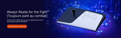 Un bandeau promotionnel bleu et violet présente le stick d’arcade sans fil FlexStrike™ avec levier et boutons posé sur une grille numérique lumineuse avec des symboles PlayStation flottants. À gauche figurent « Always Ready for the Fight™ (Toujours paré au combat) » et « Entrez dans la mêlée chez vous ou en déplacement avec le stick d’arcade sans fil FlexStrike™. » avec le bouton « Précommander maintenant ».