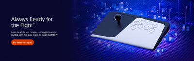 Um banner promocional azul e roxo mostra o joystick de luta sem fios FlexStrike™ com alavanca e botões sobre uma grelha digital luminosa com símbolos PlayStation a flutuar. À esquerda surge o texto “Always Ready for the Fight™” e “Junta-te à luta em casa ou em viagem com o joystick sem fios para jogos de luta FlexStrike™.” com o botão “Pré-reservar agora”.
