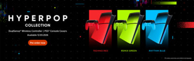 A black promotional banner for the “HYPERPOP COLLECTION” features vibrant PS5® Console Covers and DualSense® Wireless Controllers in three colourways: “TECHNO RED”, “REMIX GREEN”, and “RHYTHM BLUE”. On the left, the text reads “DualSense® Wireless Controller | PS5® Console Covers” and “Available 12.03.2026” with a “Pre-order now” button.