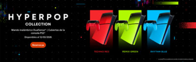 Un banner promocional negro de la “HYPERPOP COLLECTION” muestra cubiertas de consola PS5® y mandos inalámbricos DualSense® en los colores “TECHNO RED”, “REMIX GREEN” y “RHYTHM BLUE”. A la izquierda aparecen los textos “Mando inalámbrico DualSense® | Cubiertas de la consola PS5®”, “Disponibles el 12/03/2026” y un botón “Reserva ya”.