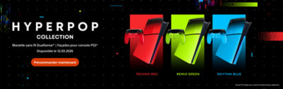 Un bandeau promotionnel noir de la « HYPERPOP COLLECTION » présente des façades pour console PS5® et des manettes sans fil DualSense® en trois couleurs : « TECHNO RED », « REMIX GREEN » et « RHYTHM BLUE ». À gauche figurent les textes « Manette sans fil DualSense® | Façades pour console PS5® », « Disponible le 12.03.2026 » et un bouton « Précommander maintenant ».