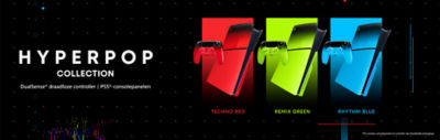 Een zwarte promotiebanner voor de “HYPERPOP COLLECTION” toont PS5®-consolepanelen en DualSense® draadloze controllers in de kleuren “TECHNO RED”, “REMIX GREEN” en “RHYTHM BLUE”. Links staat de tekst “DualSense® draadloze controller | PS5®-consolepanelen”.