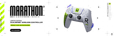 Ein weißes Werbebanner für MARATHON zeigt einen DualSense® Wireless Controller in limitierter Edition mit futuristischen grünen und schwarzen Designelementen. Links steht der Text „LIMITED EDITION DUALSENSE® WIRELESS CONTROLLER“ und „ERHÄLTLICH AB 05.03.2026“ sowie ein Button „Jetzt vorbestellen“.