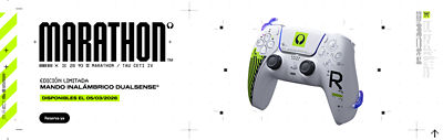 Un banner promocional blanco de MARATHON muestra un mando inalámbrico DualSense® de edición limitada con detalles de diseño futurista en verde y negro. A la izquierda aparece el texto “EDICIÓN LIMITADA MANDO INALÁMBRICO DUALSENSE®” y “DISPONIBLES EL 05/03/2026”, con un botón “Reserva ya”.