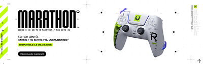 Un bandeau promotionnel blanc de MARATHON présente une manette sans fil DualSense® en édition limitée avec des détails futuristes verts et noirs. À gauche figurent les textes « ÉDITION LIMITÉE MANETTE SANS FIL DUALSENSE® » et « DISPONIBLE LE 05.03.2026 », avec un bouton « Précommander maintenant ».