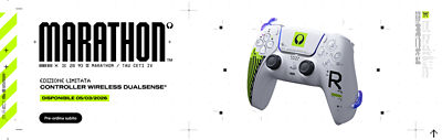 Un banner promozionale bianco di MARATHON mostra un controller wireless DualSense® in edizione limitata con dettagli di design futuristici verdi e neri. A sinistra sono visibili i testi “EDIZIONE LIMITATA CONTROLLER WIRELESS DUALSENSE®” e “DISPONIBILE 05/03/2026”, con il pulsante “Pre-ordina subito”.