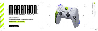 Um banner promocional branco de MARATHON apresenta um comando sem fios DualSense® de edição limitada com detalhes futuristas em verde e preto. À esquerda surgem os textos “EDIÇÃO LIMITADA COMANDO SEM FIOS DUALSENSE®” e “DISPONÍVEL A 05.03.2026”, com o botão “Pré-reservar agora”.