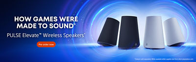 Two black and two white PULSE Elite™ Wireless Speakers are displayed against a glowing blue background with circular wave effects. Text reads “HOW GAMES WERE MADE TO SOUND®” and “PULSE Elite™ Wireless Speakers*” with a “Pre-order now” button.