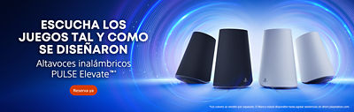 Dos altavoces negros y dos blancos PULSE Elite™ Wireless Speakers aparecen sobre un fondo azul brillante con ondas circulares. El texto dice “ESCUCHA LOS JUEGOS TAL Y COMO SE DISEÑARON” y “Altavoces inalámbricos PULSE Elite™*” con botón “Reserva ya”.