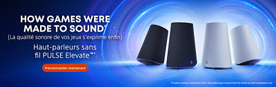 Deux haut-parleurs noirs et deux blancs PULSE Elite™ Wireless Speakers sont présentés sur un fond bleu lumineux avec des ondes circulaires. Le texte indique “HOW GAMES WERE MADE TO SOUND®” et “Haut-parleurs sans fil PULSE Elite™*” avec un bouton “Précommander maintenant”.