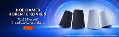 Twee zwarte en twee witte PULSE Elite™ Wireless Speakers staan tegen een gloeiende blauwe achtergrond met cirkelvormige golven. Tekst luidt “HOE GAMES HOREN TE KLINKEN™” en “PULSE Elite™ Draadloze Luidsprekers*” met knop “Pre-order nu”.