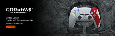 Limited edition DualSense wireless controller in white and red for the God of War 20th Anniversary, shown against a textured stone backdrop with preorder button.