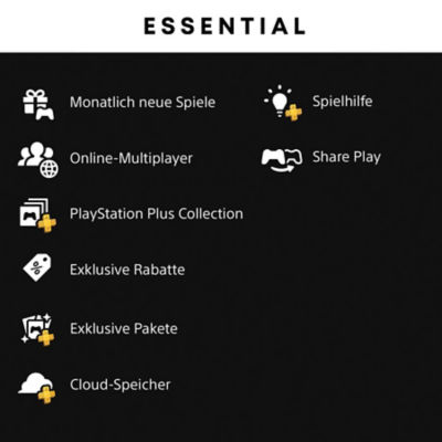 Essential: Monatliche Spiele, Online-Multiplayer, PlayStation Plus Collection, exklusive Rabatte und Pakete, Cloud-Speicher, Spielhilfe und Share Play