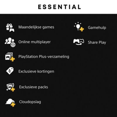 Essential: Maandelijkse games, onlinemultiplayer, PlayStation Plus-collectie, exclusieve kortingen, exclusieve packs, cloudopslag, Gamehulp en Share Play.