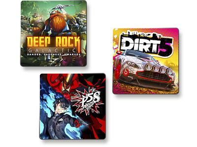 Illustration des jeux Deep Rock Galactic, Dirt 5 et Persona 5 Strikers
