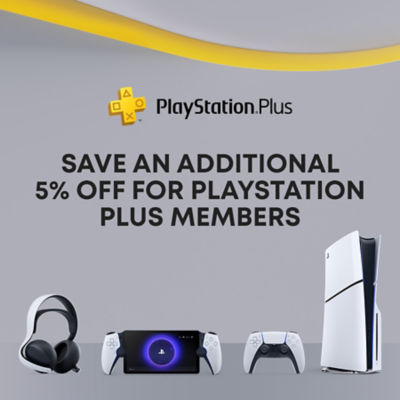 PlayStation Plus promotional graphic showing the logo and the message “Save an additional 5% off for PlayStation Plus members,” with images of the Pulse headset, PlayStation Portal, DualSense controller, and PlayStation 5 console on a light grey background with a yellow accent line.