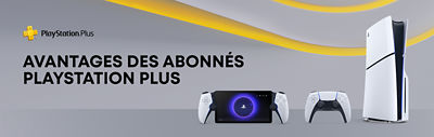 Bannière promotionnelle affichant le logo PlayStation Plus, le PlayStation Portal, une manette DualSense et une console PS5 Pro. Texte : “Avantages des abonnés PlayStation Plus. Les abonnés économisent 5 % chaque jour pour tout achat effectué sur direct.playstation.com.” Bouton : “En savoir plus.”