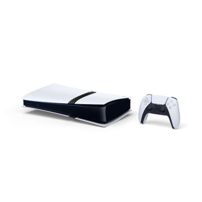 A white PS5 console standing horizontally with a white DualSense wireless controller