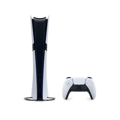 A white PS5 console standing vertically, front-on