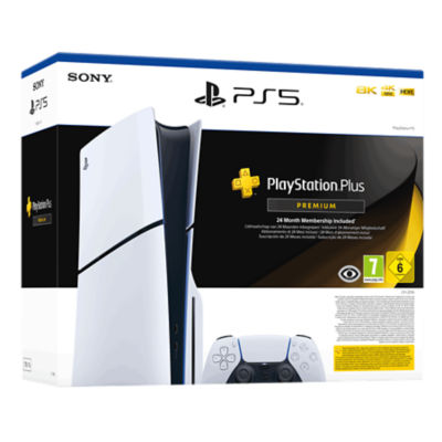 Una consola PS5 colocada en vertical en un ligero ángulo para mostrar la cubierta frontal de la consola