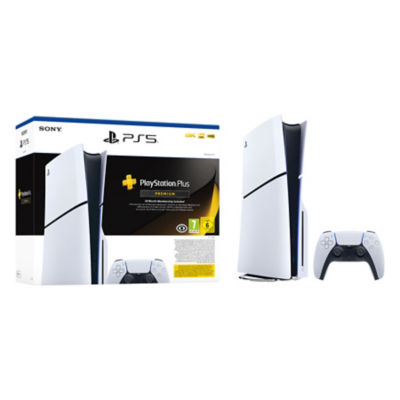 Embalaje de la caja blanca que muestra una consola PS5 blanca y un mando inalámbrico DualSense blanco