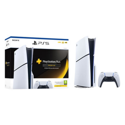 The white box packaging displaying a white PS5 console and a white DualSense wireless controller