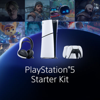 Promotieafbeelding van het PlayStation 5 Starterpakket. Een witte PS5-console wordt getoond samen met een DualSense-controller en een draadloze Pulse 3D-headset, gepositioneerd op een donkerblauw verloopvlak. Bovenaan staat een collage van populaire PlayStation-personages zoals Ratchet, Kratos, Astro Bot en Deacon St. John. De witte tekst in het midden luidt: “PlayStation®5 Starter Kit.”