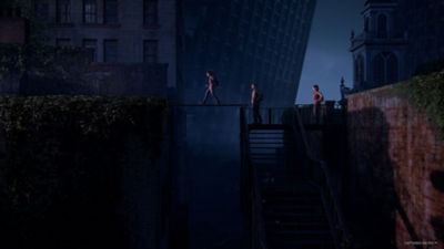 Ellie crossing a makeshift bridge with Joel and Tess watching close by