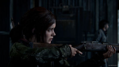Ellie aiming a rifle in a dark area