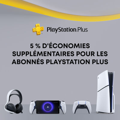 Fond gris avec courbe jaune et logo PlayStation Plus. Texte au centre : “5 % D'ÉCONOMIES SUPPLÉMENTAIRES POUR LES abonnés PLAYSTATION PLUS”. En bas, on voit un casque, une PlayStation Portal, une manette DualSense et une console PS5 en position verticale.