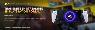 Banner promocional de PlayStation Plus con el texto “Transmite en streaming en PlayStation Portal” y un mensaje sobre la posibilidad de jugar títulos del catálogo de juegos de PS5 y otros juegos de tu biblioteca mediante el plan Premium. La imagen muestra el dispositivo PlayStation Portal con el icono de nube de PlayStation Plus sobre un fondo borroso con escenas de juegos.