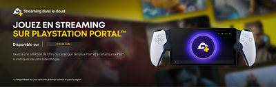 Bannière promotionnelle PlayStation Plus avec le texte “Jouez en streaming sur PlayStation Portal” et une description indiquant que les membres peuvent jouer à une sélection de titres du catalogue de jeux PS5 et à certains jeux de leur bibliothèque via l’abonnement Premium. L’image montre le PlayStation Portal affichant l’icône de cloud PlayStation Plus sur un fond flou composé d’images de jeux.