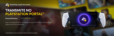 Banner promocional do PlayStation Plus com o texto “Transmite no PlayStation Portal” e mensagem sobre jogar títulos selecionados do catálogo de jogos da PS5 e da biblioteca pessoal com o plano Premium. A imagem apresenta o dispositivo PlayStation Portal com o ícone de nuvem do PlayStation Plus no ecrã, sobre um fundo desfocado com cenas de jogos.