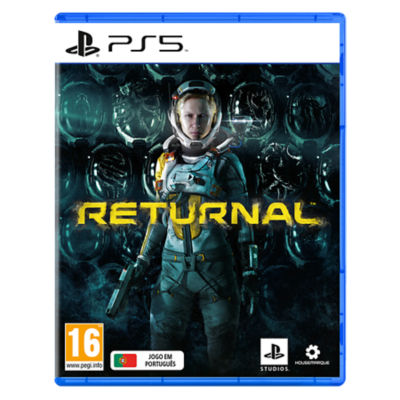 A caixa da PS5 do Returnal com Selene a olhar para a frente, de fato espacial e a segurar uma arma de fogo