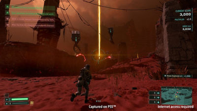 Selene rennt durch eine dunkelrote Alien-Landschaft, während im Hintergrund ein gelber Strahl zu sehen ist.