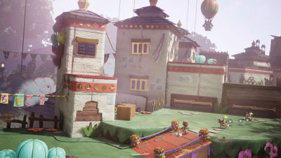 Sackboy court sur un pont aux abords d'une ville